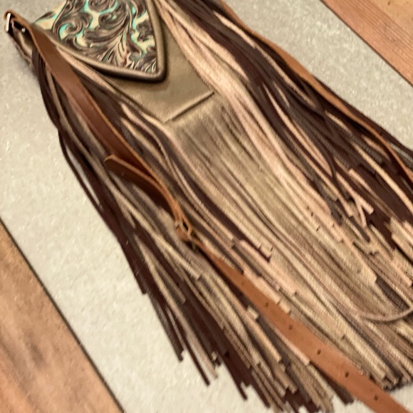 Metallic bronze and accents in turquoise and brown embossed crossbody purse - Picture 9 of 15